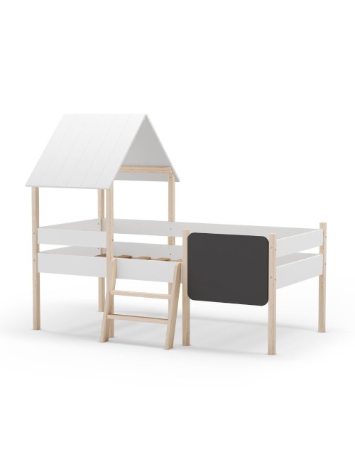 Letto rialzato a casetta Mint in legno massiccio bianco e pino con lavagnetta
