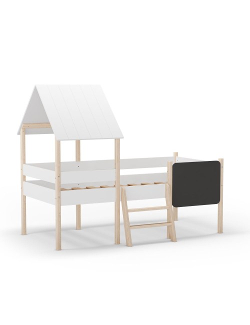Letto rialzato a casetta Mint in legno massiccio bianco e pino con lavagnetta