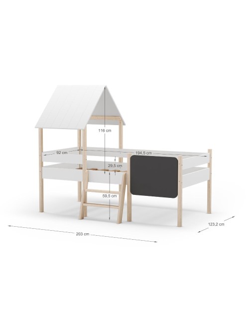 Letto rialzato a casetta Mint in legno massiccio bianco e pino con lavagnetta
