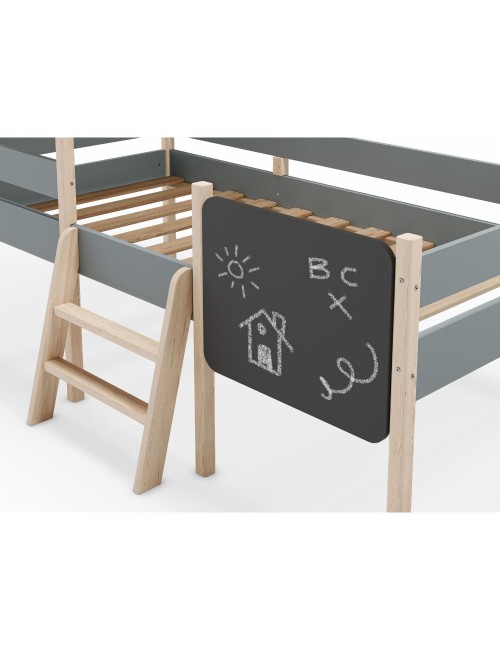 Letto rialzato a casetta Mint in legno massiccio verde cachi e pino con lavagnetta