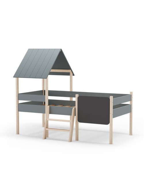 Letto rialzato a casetta Mint in legno massiccio verde cachi e pino con lavagnetta
