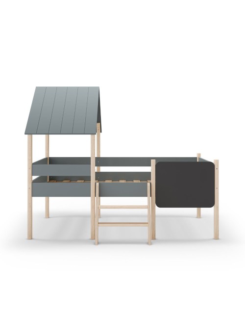 Letto rialzato a casetta Mint in legno massiccio verde cachi e pino con lavagnetta