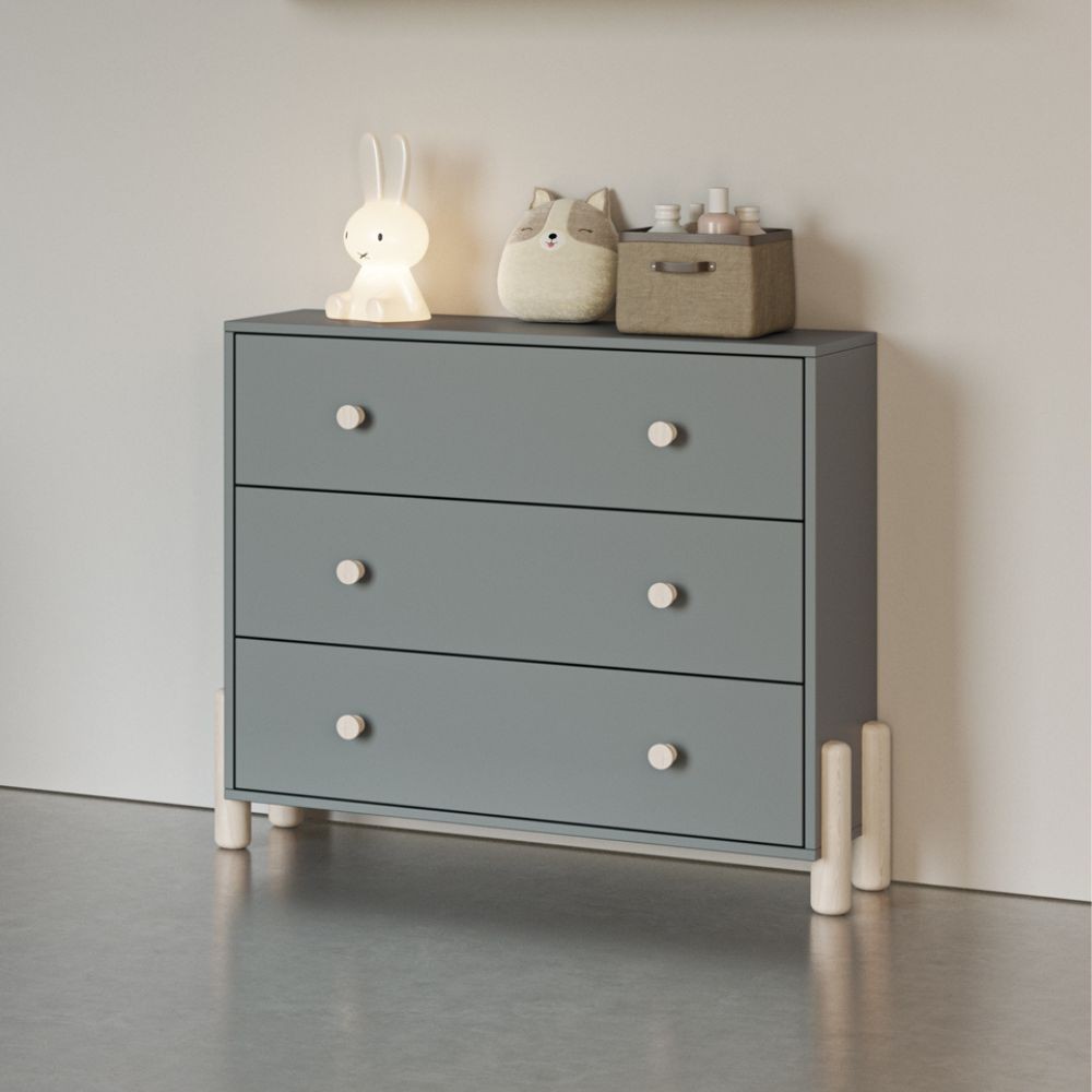 Cassettiera Enola in legno massiccio con 3 cassetti verde cachi e gambe in pino naturale 90x40x80H