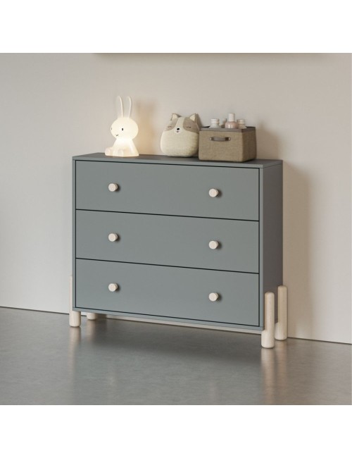 Cassettiera Enola in legno massiccio con 3 cassetti verde cachi e gambe in pino naturale 90x40x80H