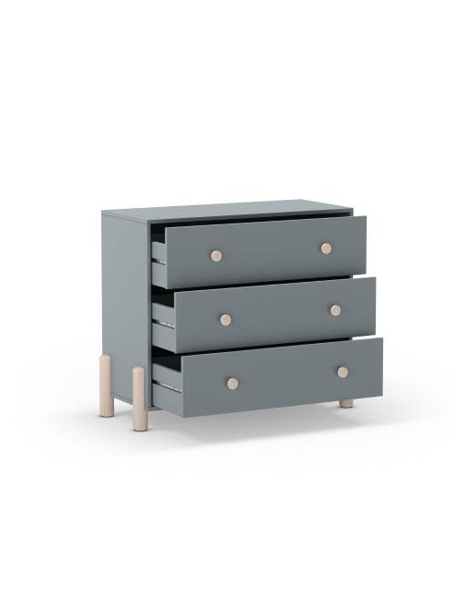 Cassettiera Enola in legno massiccio con 3 cassetti verde cachi e gambe in pino naturale 90x40x80H