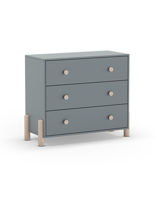 Cassettiera Enola in legno massiccio con 3 cassetti verde cachi e gambe in pino naturale 90x40x80H
