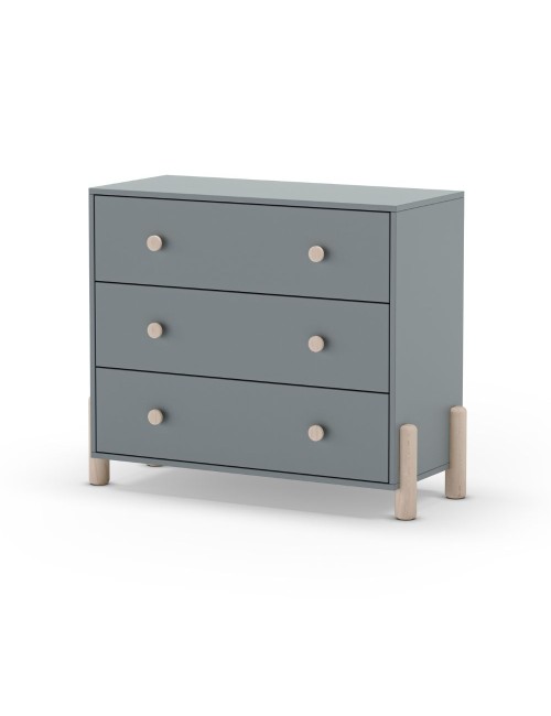 Cassettiera Enola in legno massiccio con 3 cassetti verde cachi e gambe in pino naturale 90x40x80H