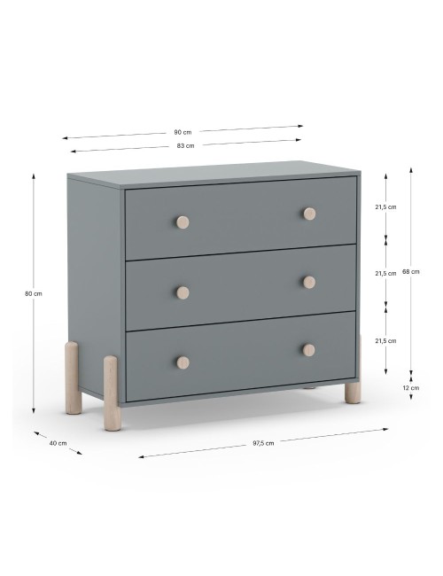 Cassettiera Enola in legno massiccio con 3 cassetti verde cachi e gambe in pino naturale 90x40x80H
