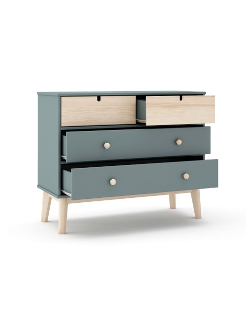 Cassettiera 4 cassetti verde cachi e pino Estefania 100x40x81H – Legno massiccio per ambienti accoglienti