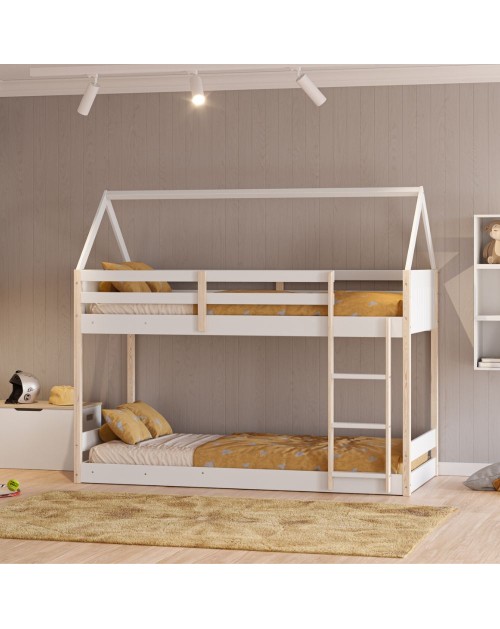 Letto a castello Montessori a forma di casetta in legno bianco – Due sogni sotto un unico tetto, con stile e funzionalità