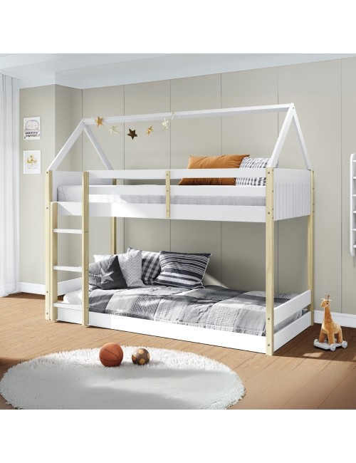 Letto a castello Montessori a forma di casetta in legno bianco – Due sogni sotto un unico tetto, con stile e funzionalità