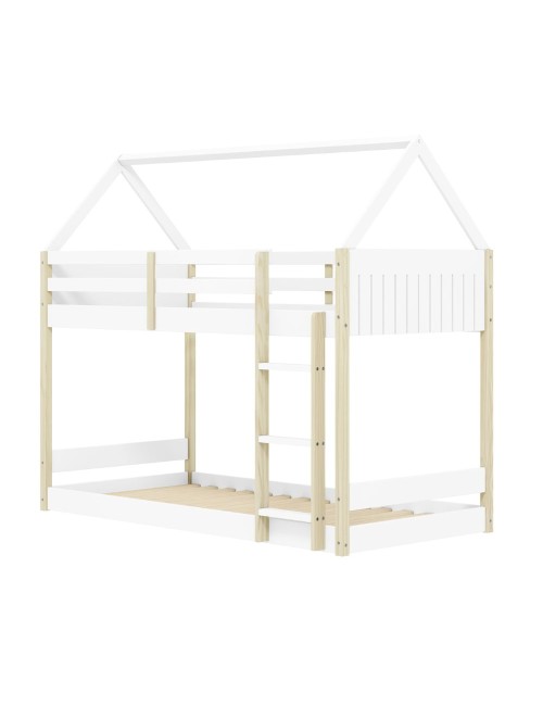 Letto a castello Montessori a forma di casetta in legno bianco – Due sogni sotto un unico tetto, con stile e funzionalità