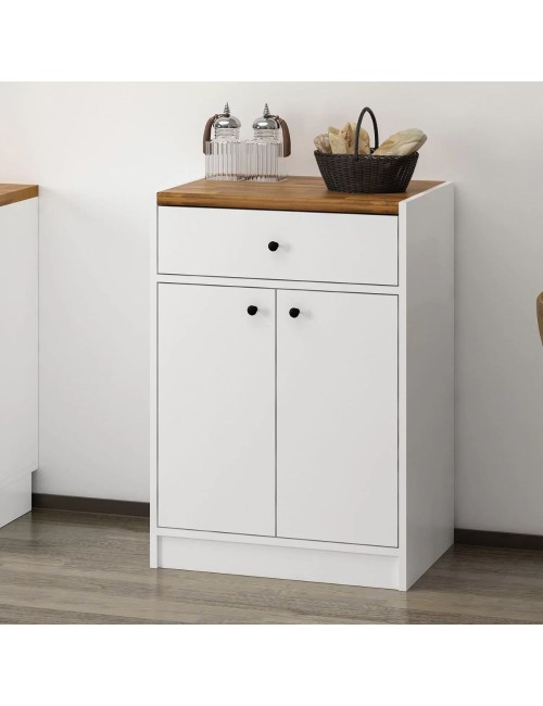 Mobile multiuso Viola con 2 ante e 1 cassetto 64x45x90H – Bianco con Top rovere scuro