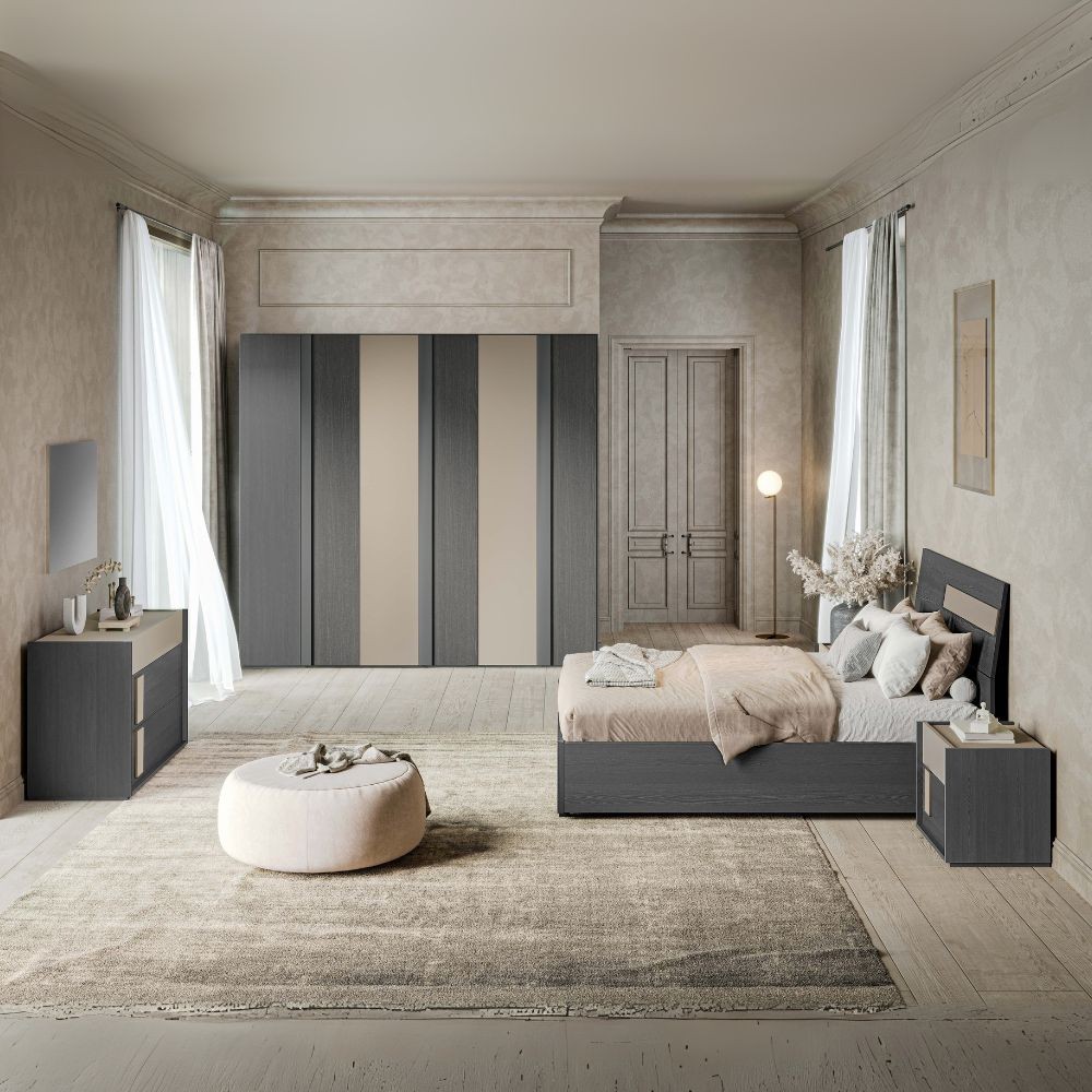 Camera da letto Faba armadio 6 ante battenti grigio e talco e letto contenitore in legno