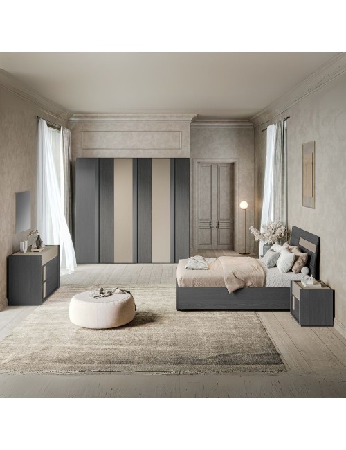 Camera da letto Faba armadio 6 ante battenti grigio e talco e letto contenitore in legno