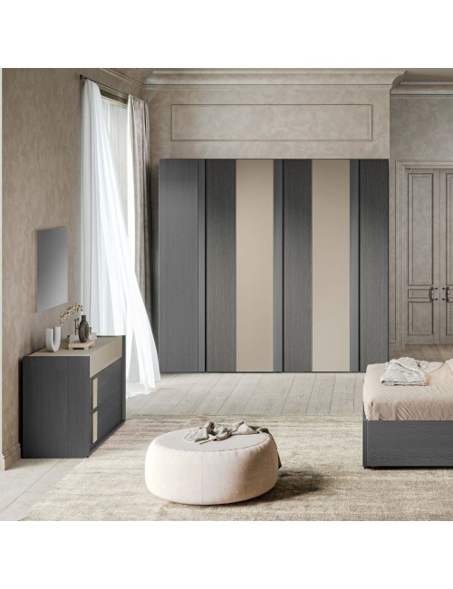 Camera da letto Faba armadio 6 ante battenti grigio e talco e letto contenitore in legno