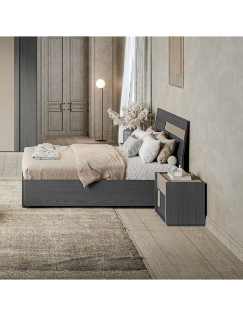 Camera da letto Faba armadio 6 ante battenti grigio e talco e letto contenitore in legno