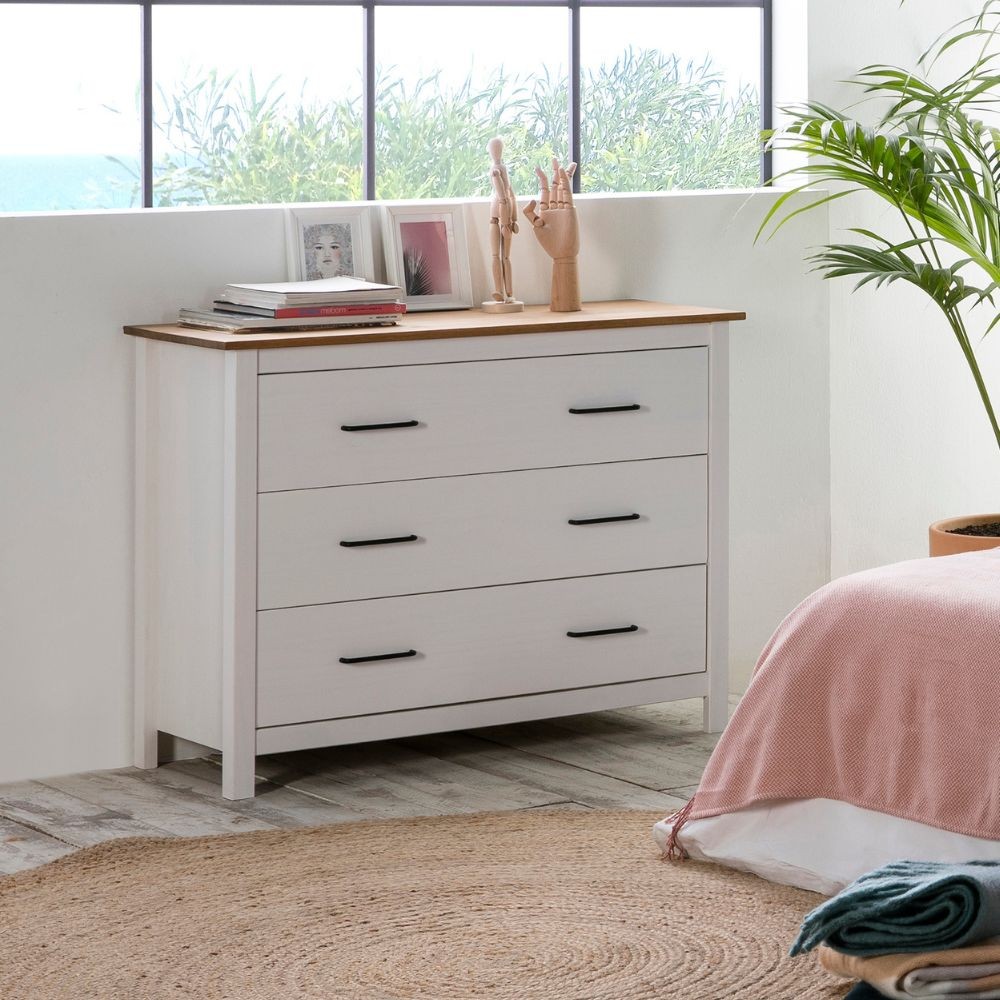 Comò Miranda in legno massiccio bianco e pino 100x40x80H – Stile Elegante e Robusto