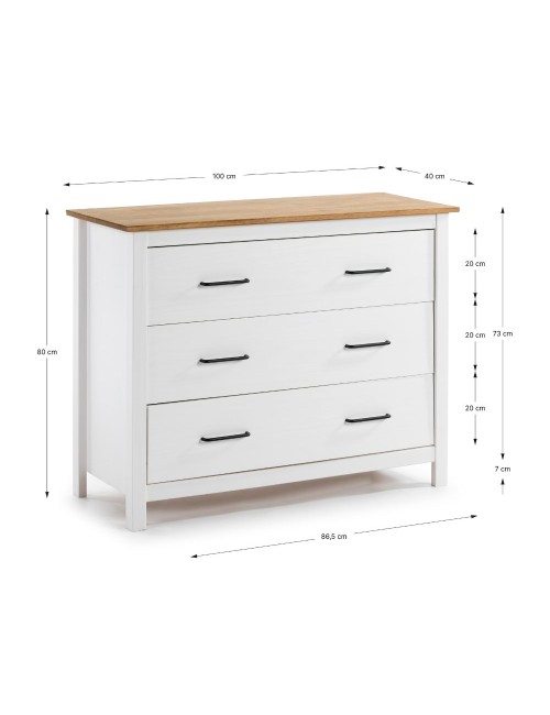 Comò Miranda in legno massiccio bianco e pino 100x40x80H – Stile Elegante e Robusto