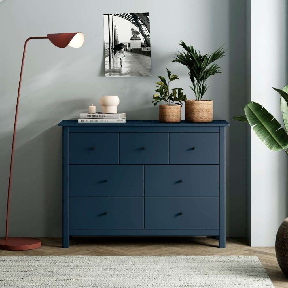 Cassettiera Misti in legno massiccio blu 110x40x820H – 7 Cassetti, Design e organizzazione