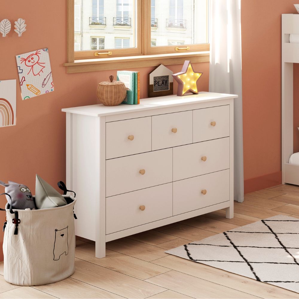 Cassettiera Max in legno massiccio bianco 110x40x80H – 7 Cassetti, stile e versatilità