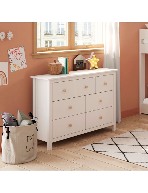 Cassettiera Max in legno massiccio bianco 110x40x80H – 7 Cassetti, stile e versatilità