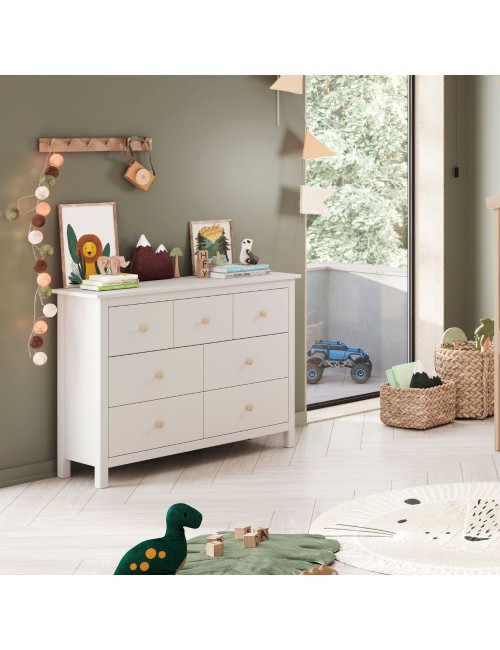Cassettiera Max in legno massiccio bianco 110x40x80H – 7 Cassetti, stile e versatilità