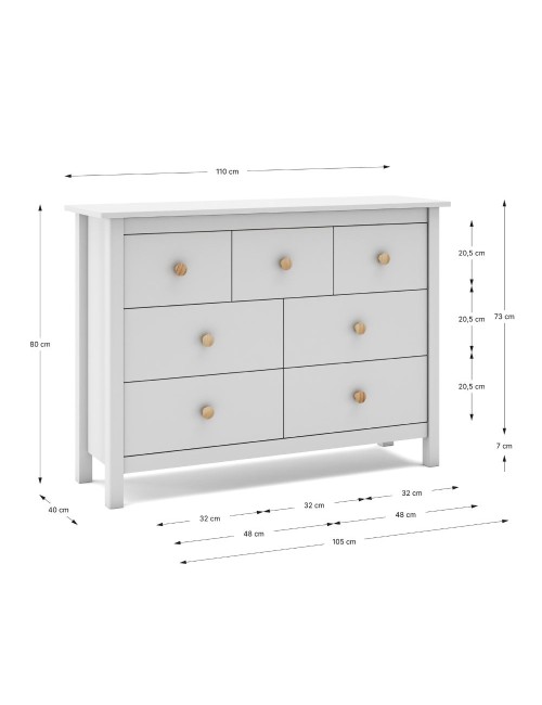 Cassettiera Max in legno massiccio bianco 110x40x80H – 7 Cassetti, stile e versatilità