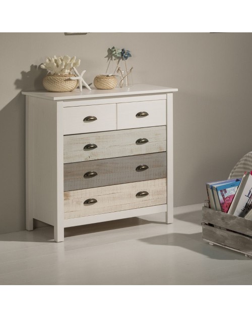 Comò in legno massiccio bianco grigio e crema Romantica 79x40x80H – Eleganza Naturale con 5 cassetti