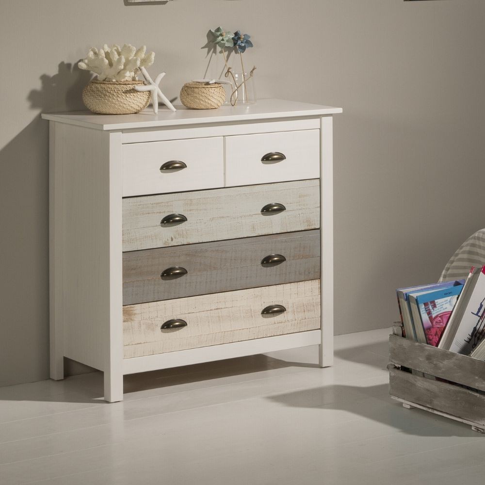 Comò in legno massiccio bianco grigio e crema Romantica 79x40x80H – Eleganza Naturale con 5 cassetti