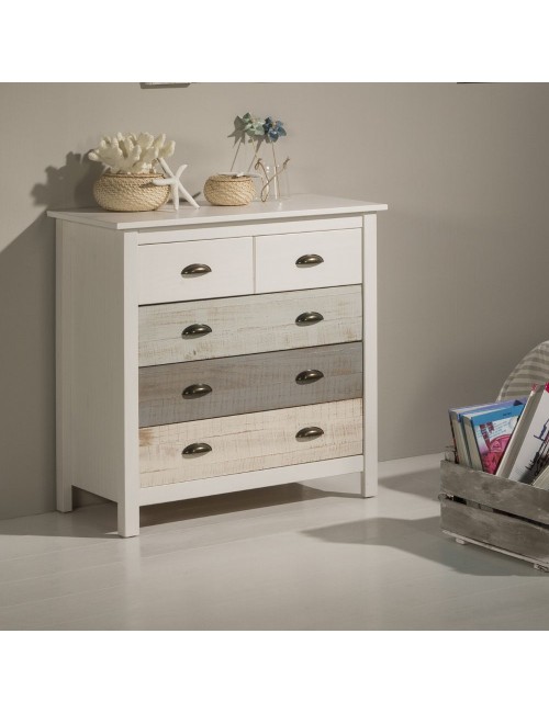 Comò in legno massiccio bianco grigio e crema Romantica 79x40x80H – Eleganza Naturale con 5 cassetti