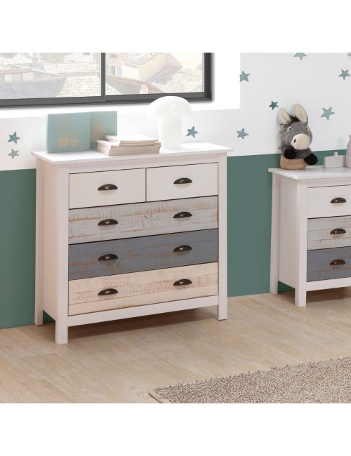Comò in legno massiccio bianco grigio e crema Romantica 79x40x80H – Eleganza Naturale con 5 cassetti