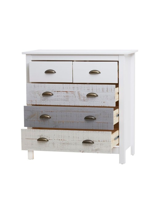 Comò in legno massiccio bianco grigio e crema Romantica 79x40x80H – Eleganza Naturale con 5 cassetti