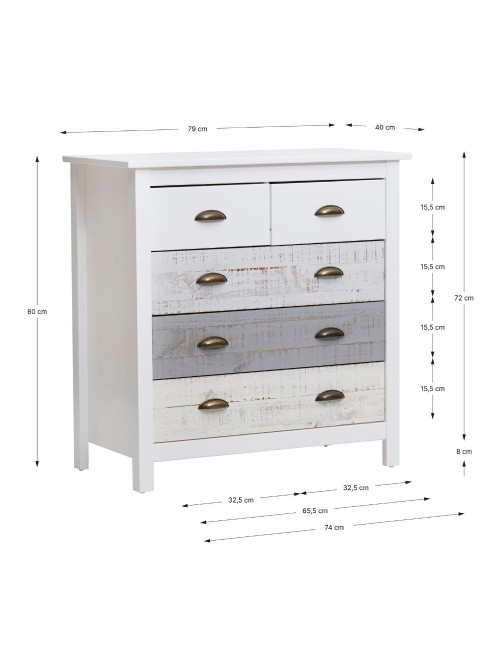 Comò in legno massiccio bianco grigio e crema Romantica 79x40x80H – Eleganza Naturale con 5 cassetti