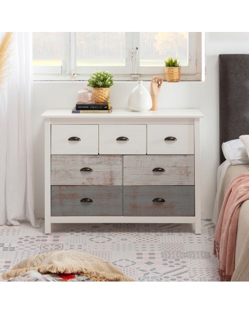 Comò in legno massiccio bianco e grigio Romantica 110x40x80H  – Eleganza Naturale con 7 cassetti