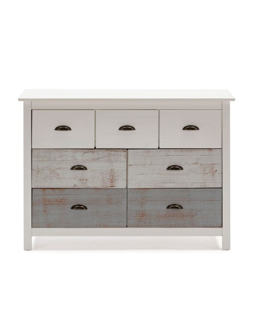 Comò in legno massiccio bianco e grigio Romantica 110x40x80H  – Eleganza Naturale con 7 cassetti