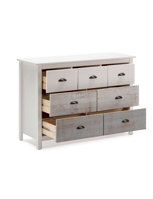 Comò in legno massiccio bianco e grigio Romantica 110x40x80H  – Eleganza Naturale con 7 cassetti
