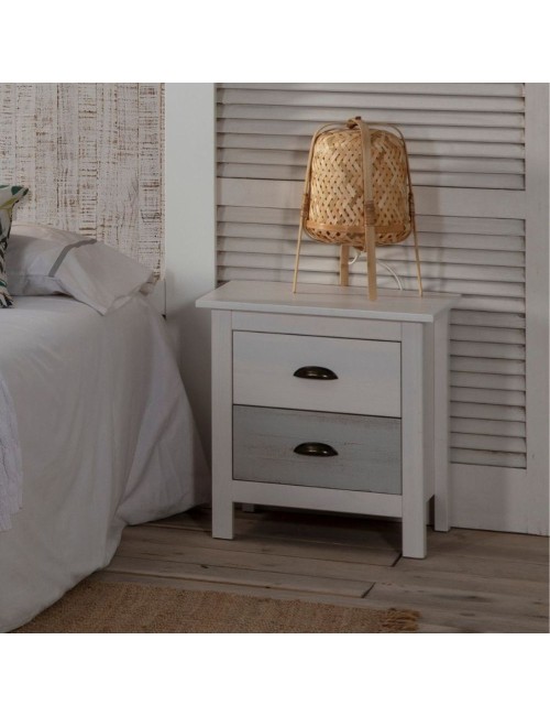 Comodino in legno massiccio bianco e grigio Romantica 46x35x49,5H – Eleganza Naturale con 2 cassetti