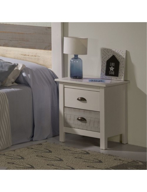 Comodino in legno massiccio bianco e grigio Romantica 46x35x49,5H – Eleganza Naturale con 2 cassetti