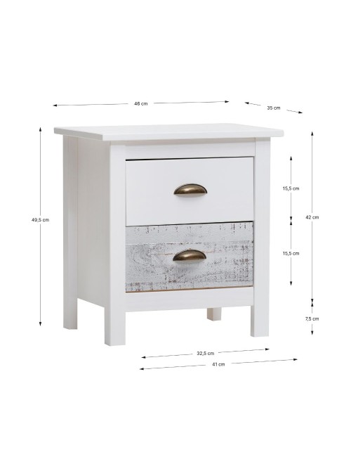 Comodino in legno massiccio bianco e grigio Romantica 46x35x49,5H – Eleganza Naturale con 2 cassetti