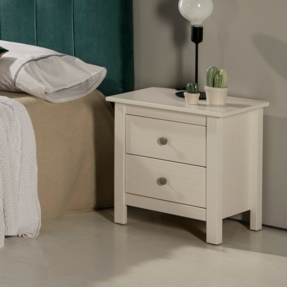 Comodino Berna bianco in legno massiccio e 2 cassetti - Stile intramontabile