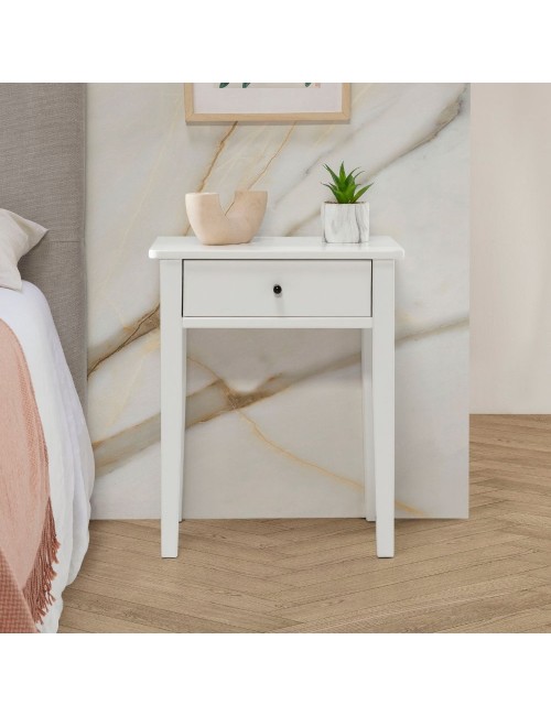 Comodino Bart in legno massiccio bianco e cassetto – Eleganza e funzionalità quotidiana