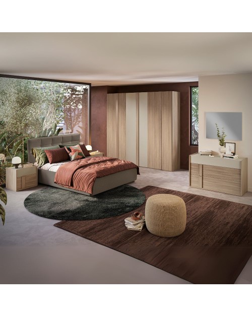 Camera da letto Faba con armadio 6 ante battenti noce e talco e letto contenitore Napoli