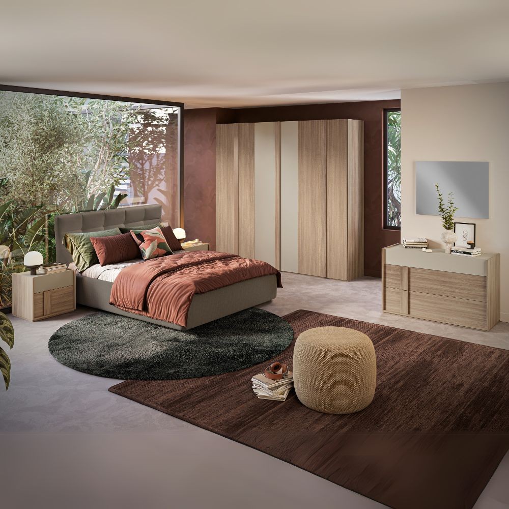 Camera da letto Faba con armadio 6 ante battenti noce e talco e letto contenitore Napoli