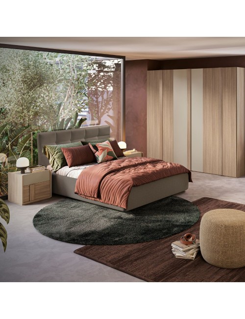 Camera da letto Faba con armadio 6 ante battenti noce e talco e letto contenitore Napoli