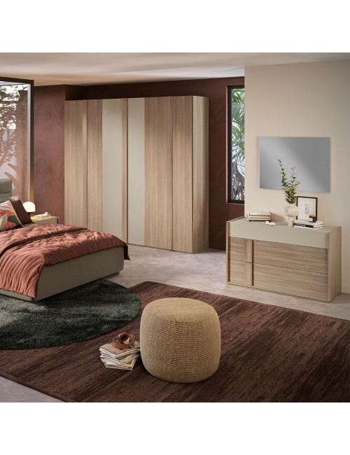 Camera da letto Faba con armadio 6 ante battenti noce e talco e letto contenitore Napoli