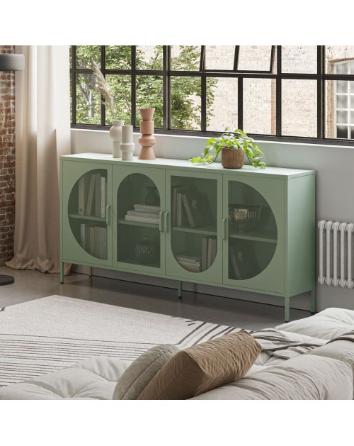 Credenza in metallo Tayra con 4 ante reticolate verde 160x40x90H – Stile moderno e anima industrial