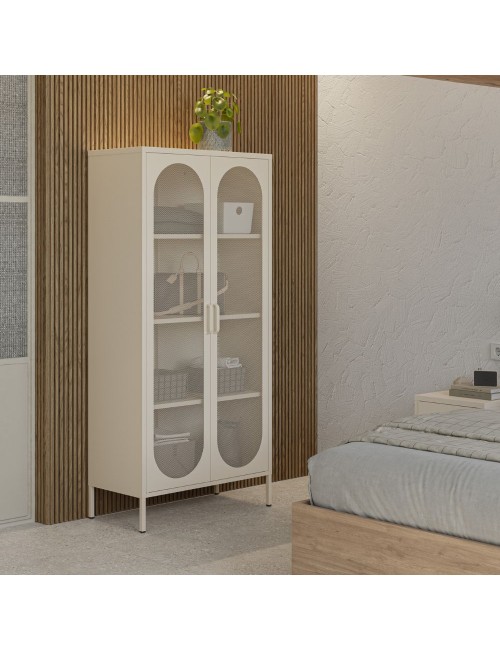 Credenza alta in metallo Diora crema con 2 ante reticolate e 3 ripiani – Design industriale, anima versatile