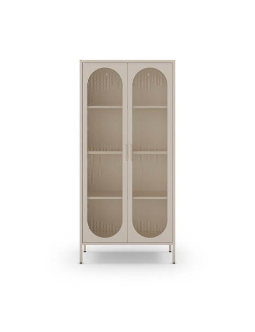 Credenza alta in metallo Diora crema con 2 ante reticolate e 3 ripiani – Design industriale, anima versatile