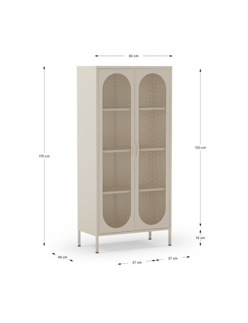Credenza alta in metallo Diora crema con 2 ante reticolate e 3 ripiani – Design industriale, anima versatile